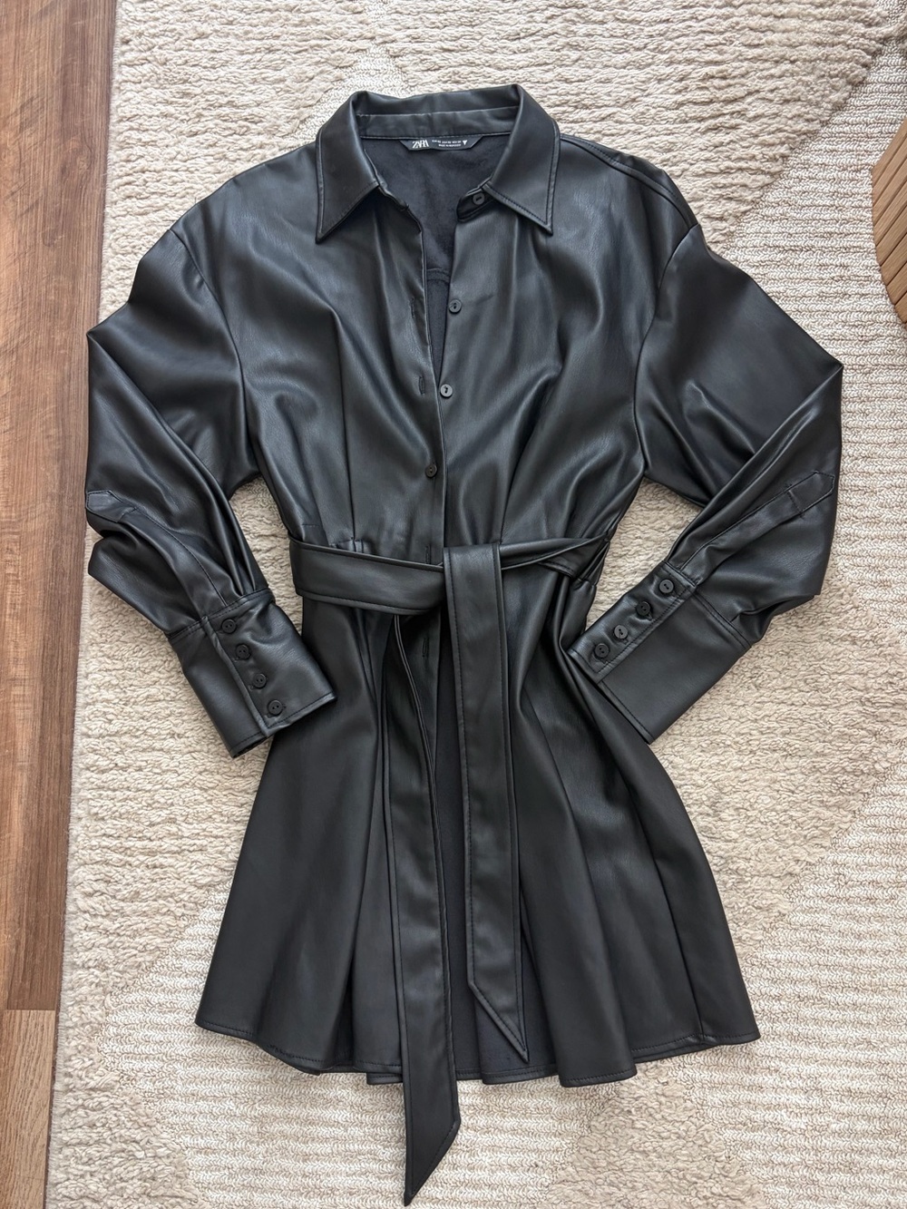 Zara Black Faux Leather Belted Jacket